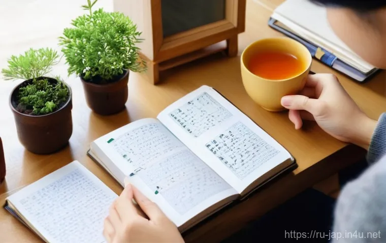 일본어 코칭 및 학습 팁 - **Prompt:** A bright and cozy study space, bathed in soft, natural light, where a young woman (early...
