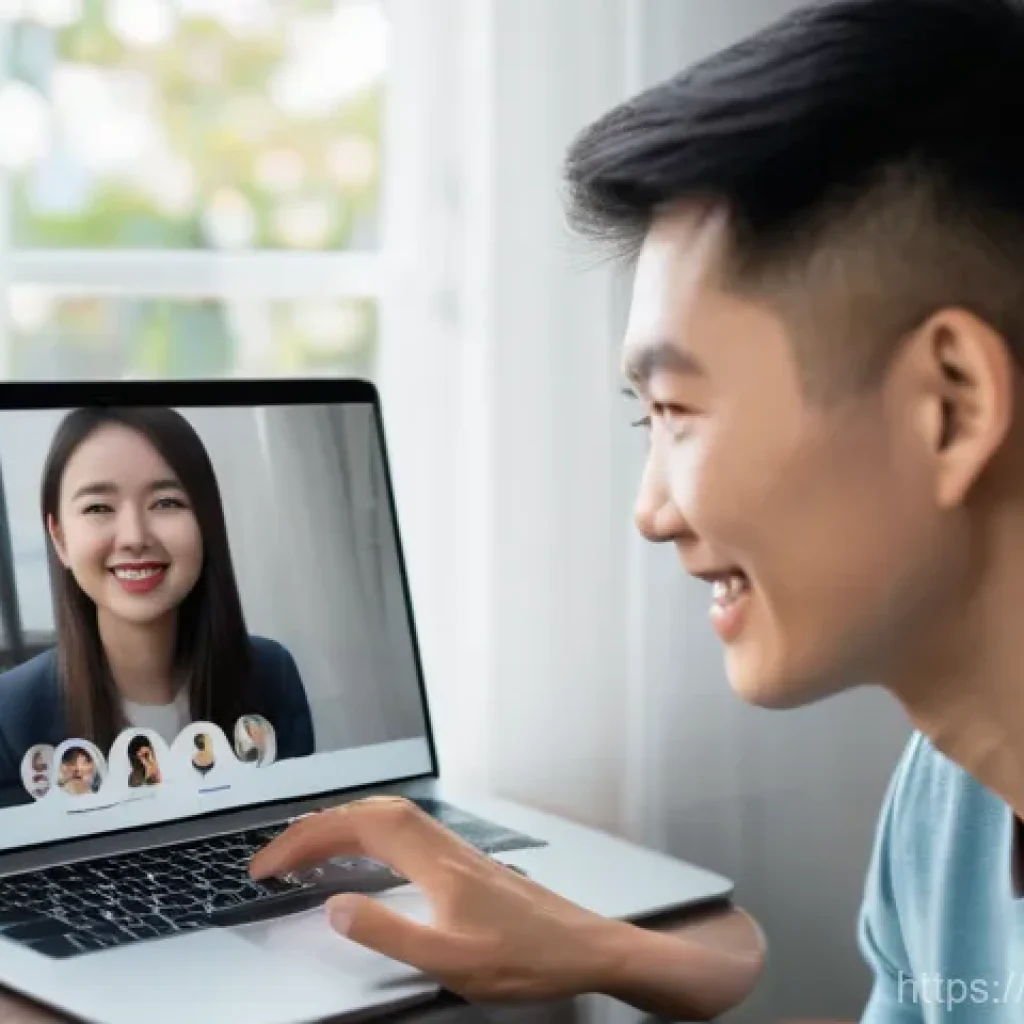일본어와 중국어의 차이 - A discreet video call window shows an engaging conversation with a friendly native Chinese speaker, ...