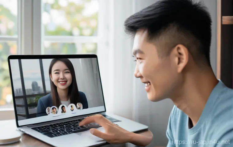 일본어와 중국어의 차이 - A discreet video call window shows an engaging conversation with a friendly native Chinese speaker, ...