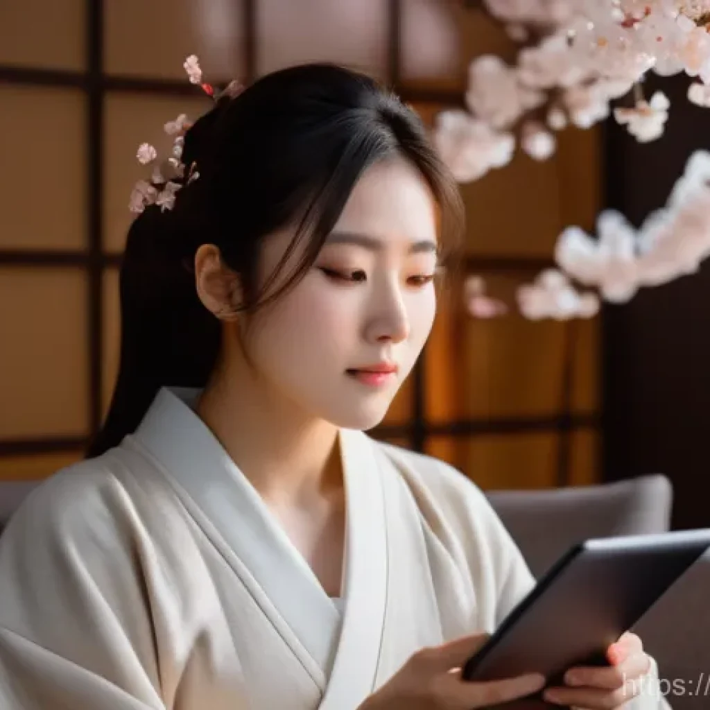 일본어와 일본 드라마 - A serene and cozy evening scene. A young woman, approximately 20-25 years old, is seated comfortably...