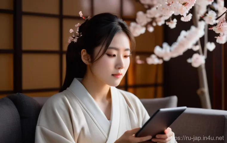 일본어와 일본 드라마 - A serene and cozy evening scene. A young woman, approximately 20-25 years old, is seated comfortably...