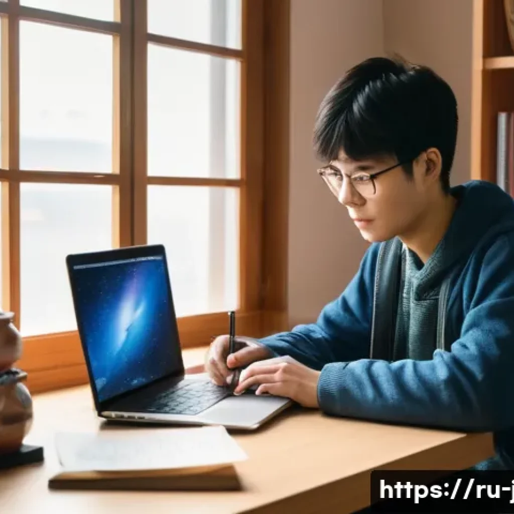 일본어 학습 인구 - A cozy and inspiring study environment featuring a young adult Russian learner sitting at a desk sur...