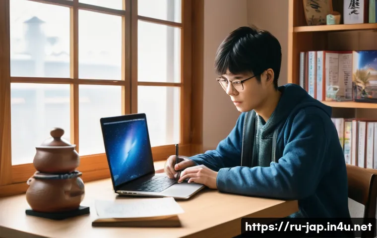 일본어 학습 인구 - A cozy and inspiring study environment featuring a young adult Russian learner sitting at a desk sur...