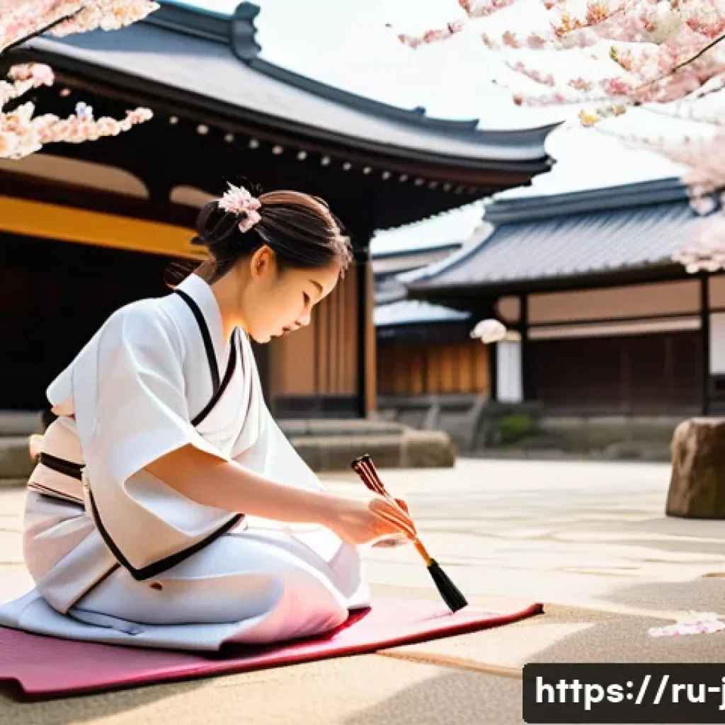 일본어를 배우는 이유 - A detailed and vibrant scene of a traditional Japanese temple courtyard in Kyoto during cherry bloss...
