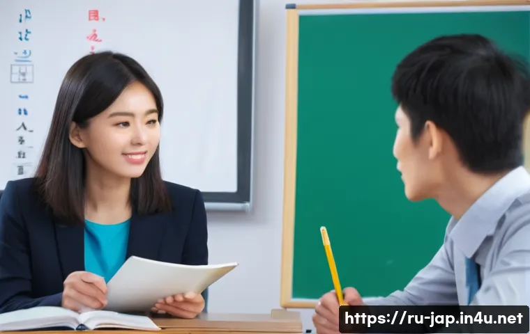 일본어 발음 실수 - A detailed classroom scene showing a Russian language learner attentively practicing Japanese pronun...