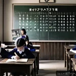 전후 일본어 변화 - A detailed scene of a post-World War II Japanese classroom in the late 1940s, showing students in mo...