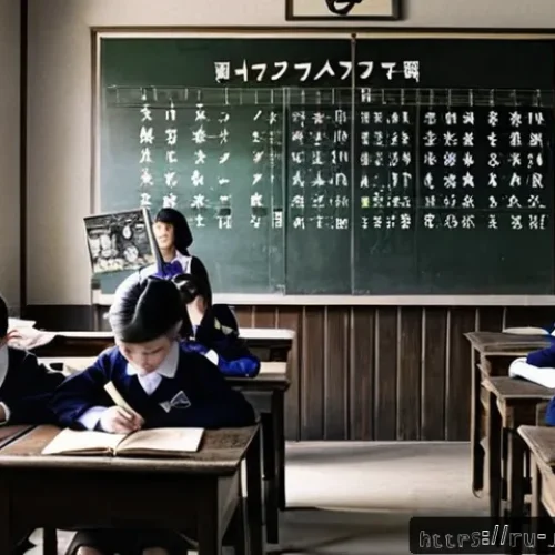 전후 일본어 변화 - A detailed scene of a post-World War II Japanese classroom in the late 1940s, showing students in mo...