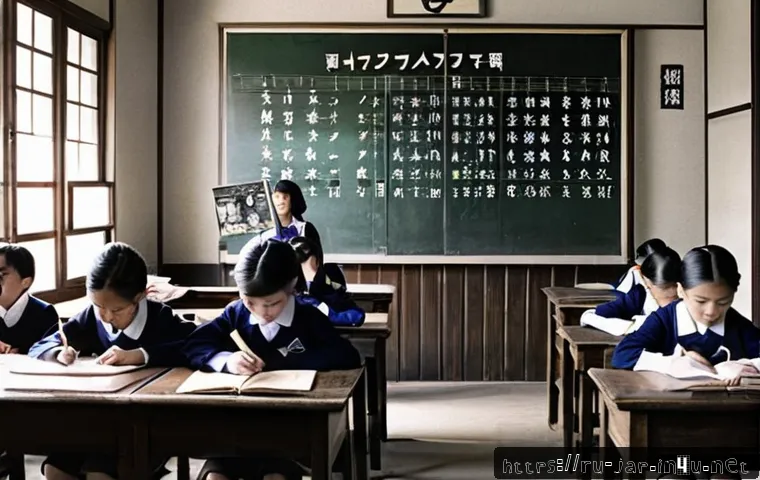 전후 일본어 변화 - A detailed scene of a post-World War II Japanese classroom in the late 1940s, showing students in mo...