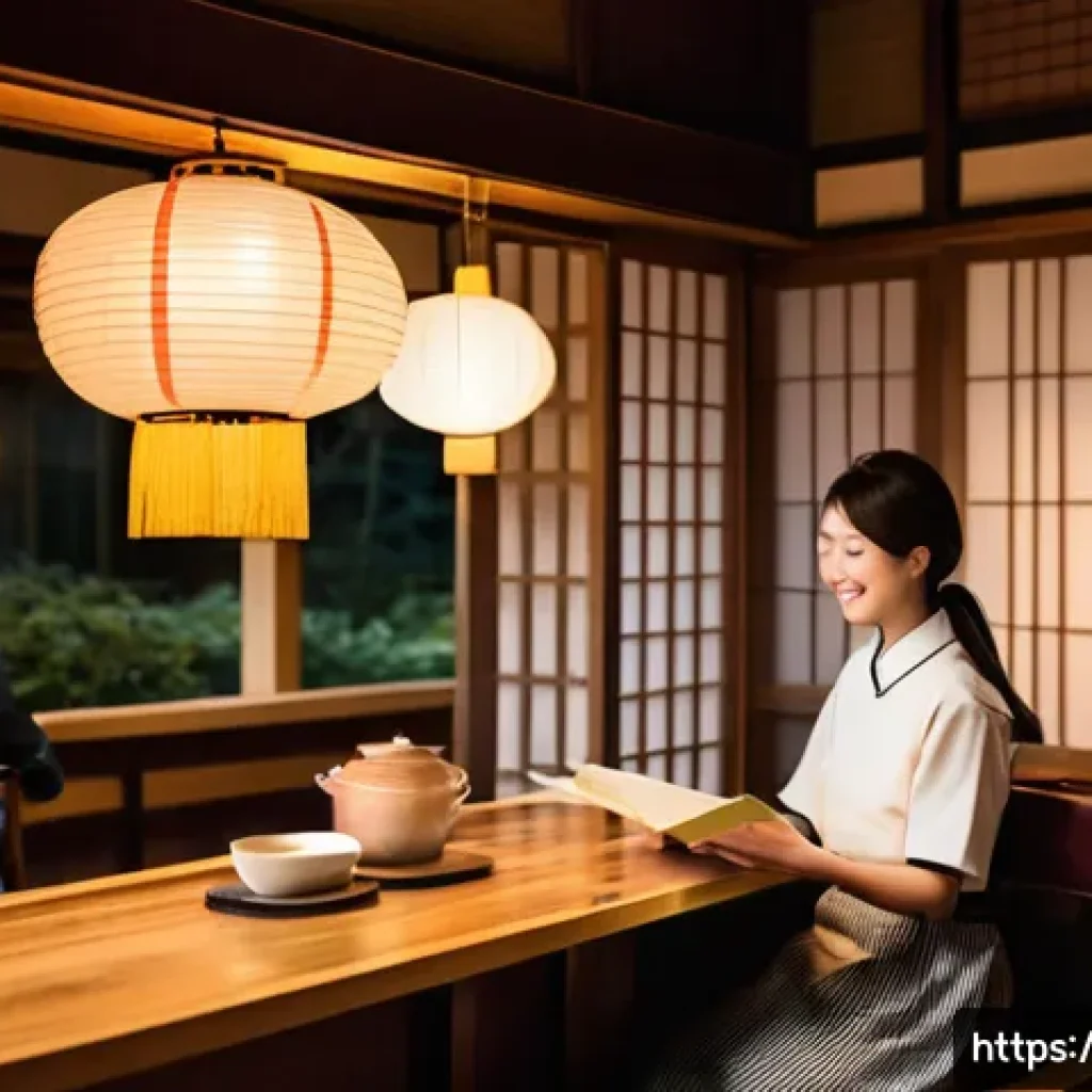 일본어 일상 회화 표현 - A cozy Japanese café interior with a polite young female waitress wearing a neat uniform and a warm ...