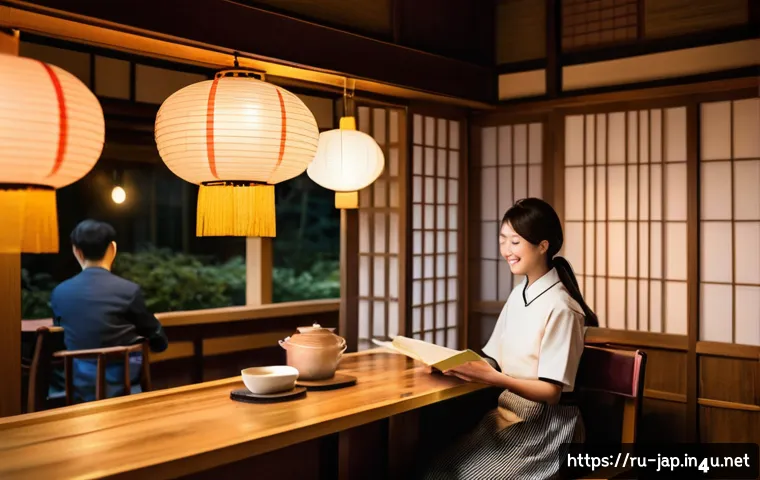 일본어 일상 회화 표현 - A cozy Japanese café interior with a polite young female waitress wearing a neat uniform and a warm ...