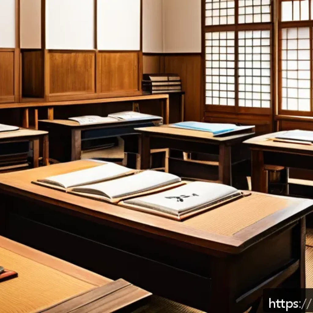 일본어의 근대화 과정 - A detailed historical scene showing the evolution of Japanese writing during the Meiji Restoration e...