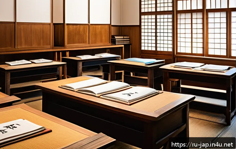 일본어의 근대화 과정 - A detailed historical scene showing the evolution of Japanese writing during the Meiji Restoration e...