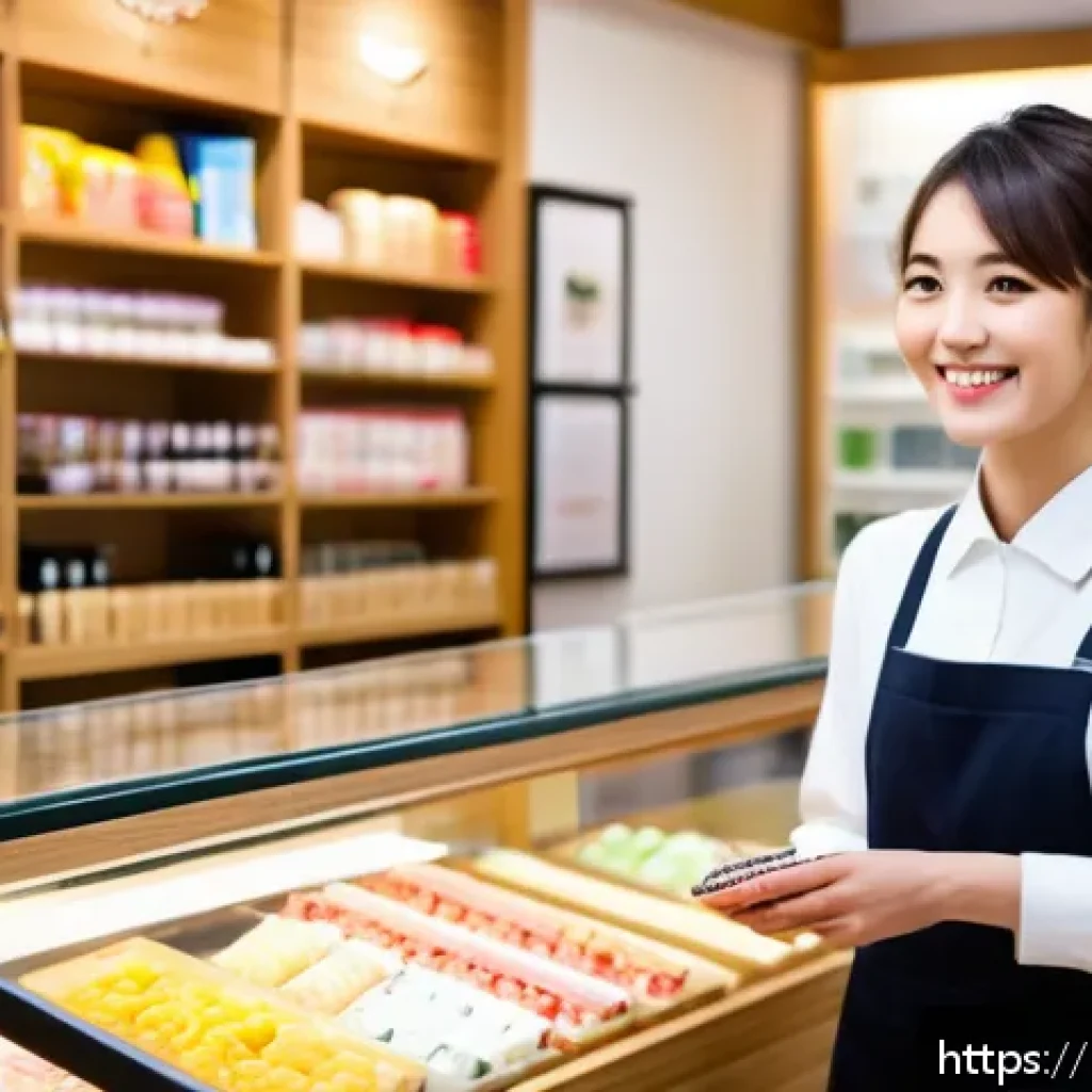 일본어 회화 필수 표현 - A friendly Japanese shop assistant in a clean, modern store setting, politely greeting a customer wi...