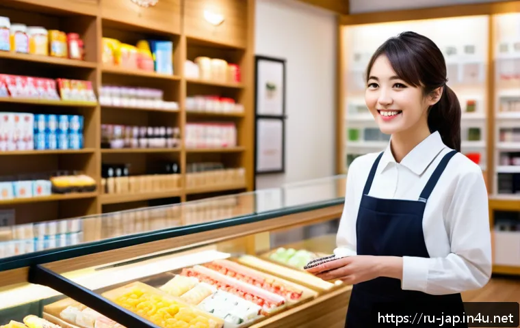 일본어 회화 필수 표현 - A friendly Japanese shop assistant in a clean, modern store setting, politely greeting a customer wi...