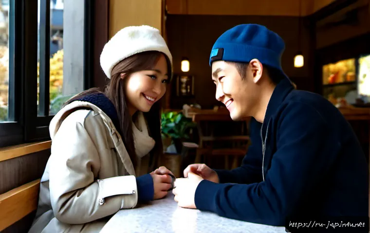 Home 17 일본어 연애 표현 - Photorealistic close-up of a young Russian woman and a young Japanese man sharing a warm, shy smile ...