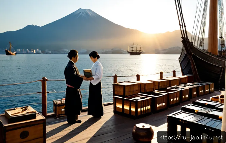 일본어의 외래어 유입 역사 - Photorealistic 19th-century Japanese harbor at dawn, Japanese merchants and foreign traders exchangi...