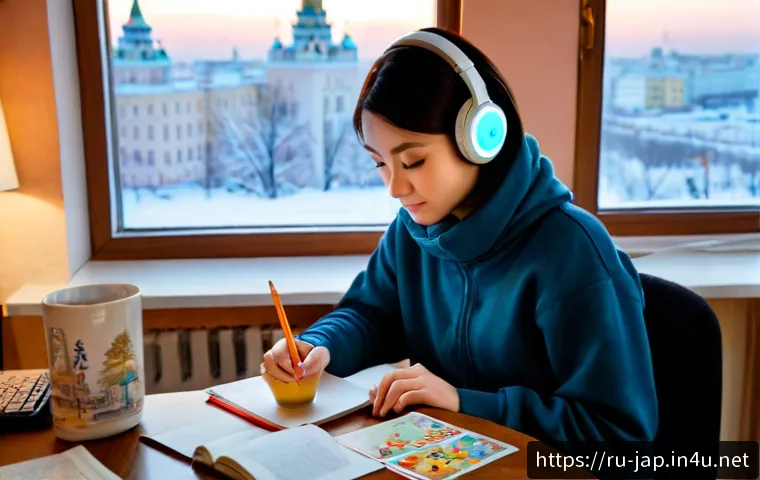 Home 17 일본어와 애니메이션 - Photorealistic cozy study desk in a Moscow apartment, an adult Russian learner wearing casual winter...